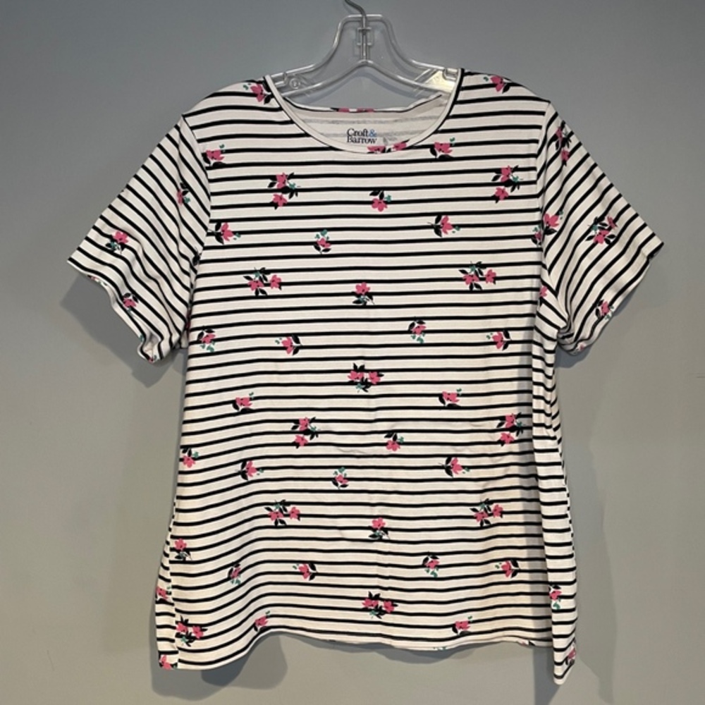 Croft & Barrow Women Floral Striped Short Sleeve Blouse White Size 1X Paris